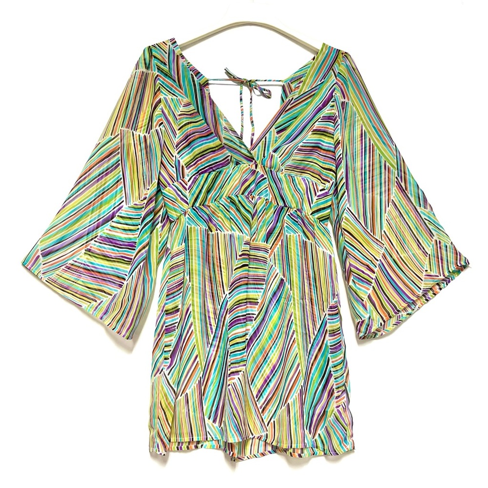 Y2K Babydoll Longline Top Womens MED Sheer Colorful Open Back Retro ABS Schwartz